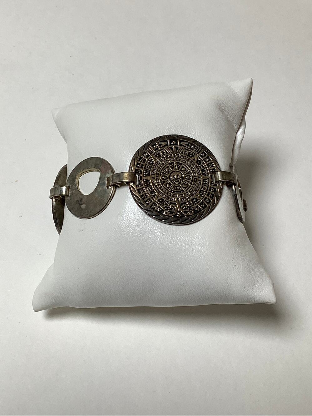 925 Sterling Silver Mexican Aztec Mayan Calendar Chunky Link Bracelet C32-7